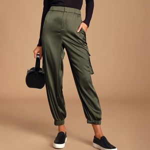 Olive Green Satin Cargo Joggers